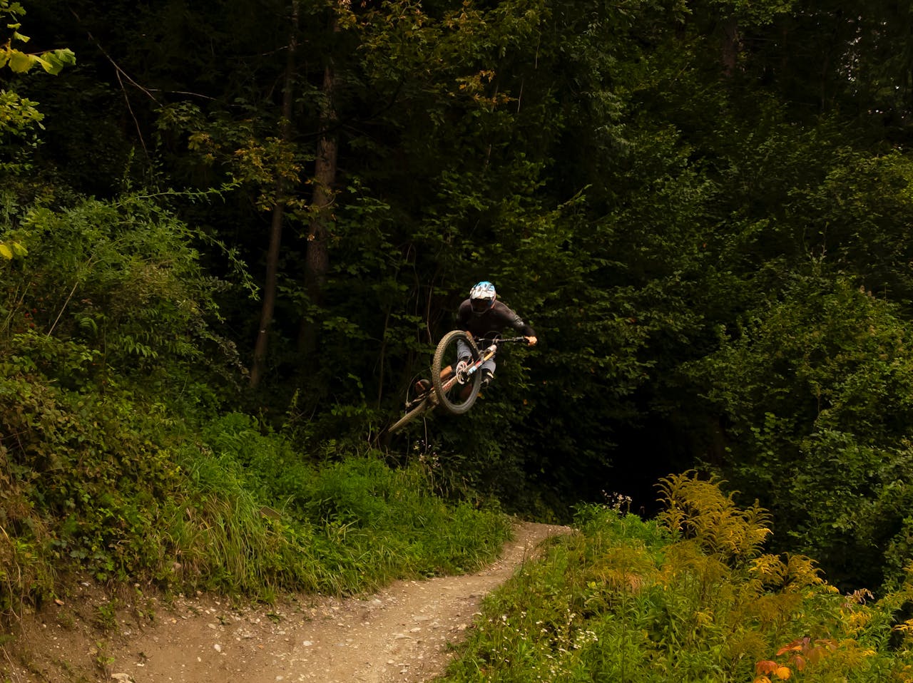 about-03 Dramatic shot of a mountain biker catching air on a forest trail.